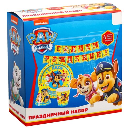 фото Paw patrol / одноразовая посуда для праздника / набор бумажной посуды "с днем рождения": 6 стаканов, 6 колпаков, 6 тарелок + гирлянда щенячий патруль