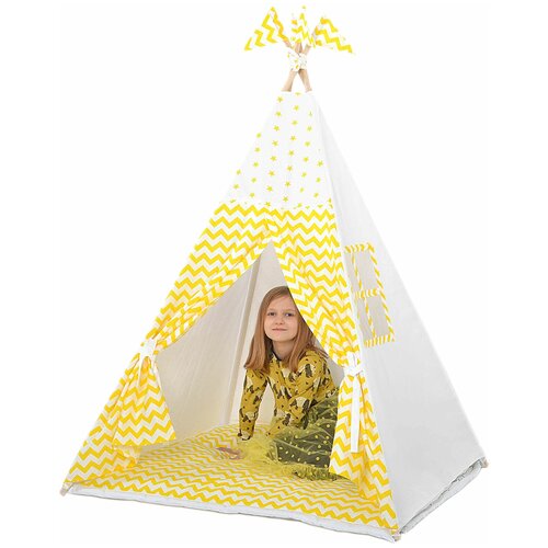 фото Вигвам для детей игровой домик-палатка mashusha "зигзаг желтый". комплект с ковриком, окошком, флажками и системой анти-складывания для ребенка фабрика счастья