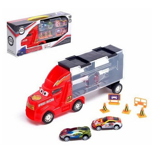 фото Гараж детский грузовик. перевозчик, 2 металлические машинки и дорожные знаки в комплекте 5036799 сима-ленд