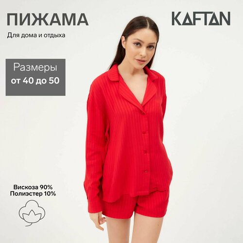 фото Пижама kaftan, рубашка, шорты, застежка пуговицы, длинный рукав, размер 40, красный