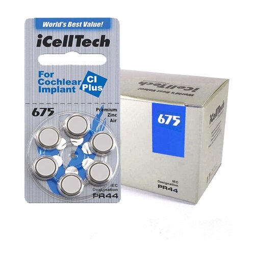 Фото - Батарейки iCellTech 675 (PR44) для кохлеарных имплантов, упаковка (60 батареек). батарейки signia 675 pr44 для слуховых аппаратов упаковка 60 батареек