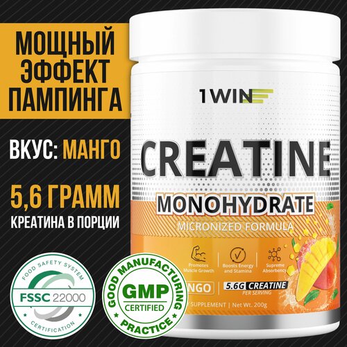 фото Креатин моногидрат порошок 1win, creatine monohydrate, вкус манго, 30 порций, спортивное питание для набора массы тела
