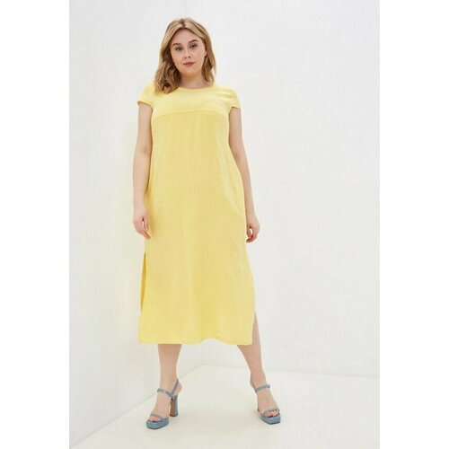 фото Платье-футболка gabriela, лен, прямой силуэт, макси, карманы, размер 52, желтый