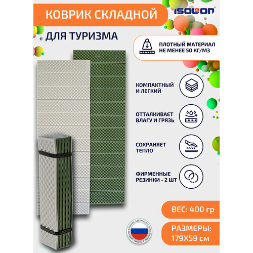 фото Коврик плотный складной туристический isolon tourist flex 179 х 59 х 1.5 см хаки, серый