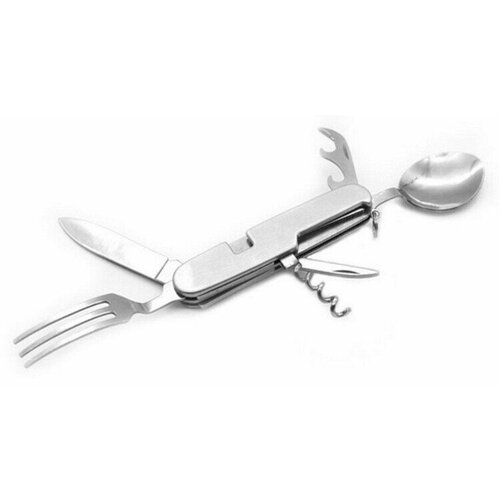 фото Набор туриста мультитул 6в1 серебро, (нож, вилка, ложка, штопор, открывашка) без бренда