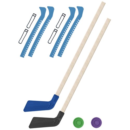 фото Набор зимний: 2 клюшки хоккейных синяя и чёрная 80 см.+2 шайбы + чехлы для коньков голубые - 2 шт. винтер
