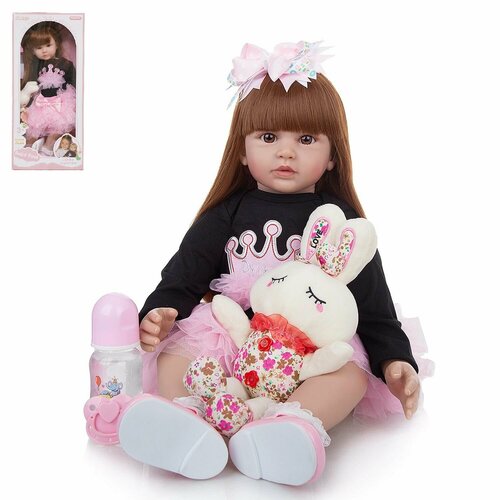 фото Кукла junfa в темной толстовке и розовой юбке с плюшевым кроликом 60 см китай