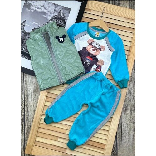 фото Комплект одежды для мальчиков, толстовка и жилет и брюки, повседневный стиль, размер 92, бирюзовый ivo milard