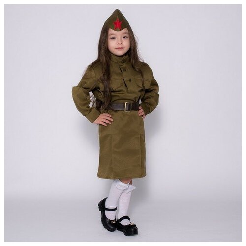 фото Костюм военного "солдаточка", гимнастёрка, ремень, пилотка, юбка, 3-5 лет, рост 104-116 см бока