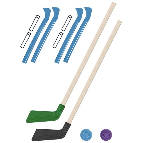 фото Набор зимний: 2 клюшки хоккейных зелёная и чёрная 80 см.+2 шайбы + чехлы для коньков голубые - 2 шт. винтер