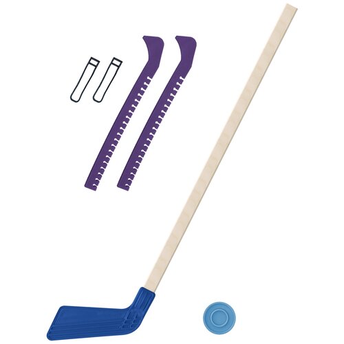 фото Набор зимний: клюшка хоккейная синяя 80 см.+шайба + чехлы для коньков фиолетовые, задира-плюс