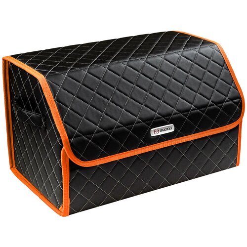 фото Сумка-органайзер в багажник автомобиля из экокожи черная с серой нитью vicecar (оранжевый кант) с логотипом mazda