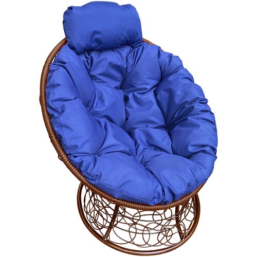 фото Садовое кресло папасан мини ротанг коричневое синяя подушка m-group