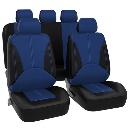 фото Чехлы универсальные на автомобильные сиденья, комплект "elite", экокожа, черно- синие kraft