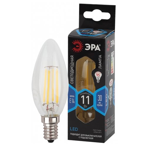 Лампа светодиодная ЭРА F- LED B35-11w-840- E14 (филамент, свеча, 11Вт, нейтр, E14)