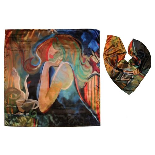 фото Платок женский шелковый, разноцветный, платок с авторским арт-принтом оланж ассорти "я, мысли и кофе"
