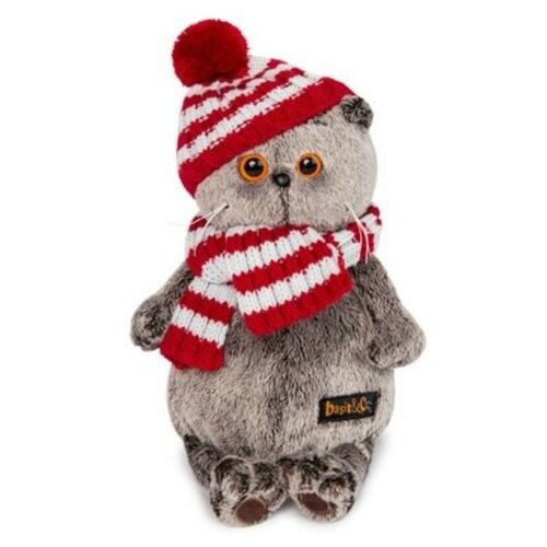 фото Мягкая игрушка basik&co кот басик в полосатой шапке с шарфом, 19 см