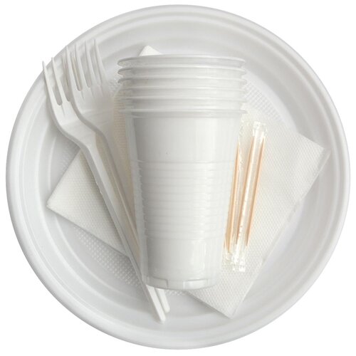 фото Набор одноразовой посуды officeclean на 6 персон (вилки, стаканы, тарелки, салфетки)