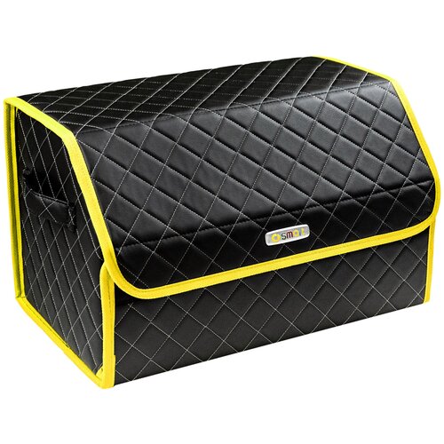 фото Сумка-органайзер в багажник автомобиля из экокожи черная с серой нитью vicecar (желтый кант) с логотипом smart