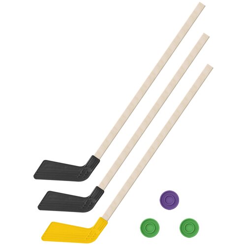 фото Детский хоккейный набор зима,лето 3 в 1/ клюшки хоккейных 80 см (2 черных, 1 желтая) + 3 шайбы, задира-плюс