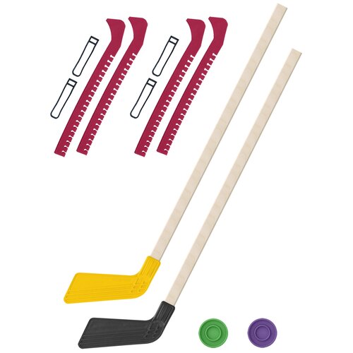 фото Набор зимний: 2 клюшки хоккейных жёлтая и чёрная 80 см.+2 шайбы + чехлы для коньков красные - 2 шт. винтер