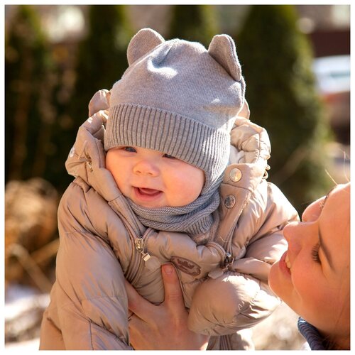 фото Шапка детская вязаная amarobaby pure love bear, серый, демисезонная, с подкладом, размер 42-44