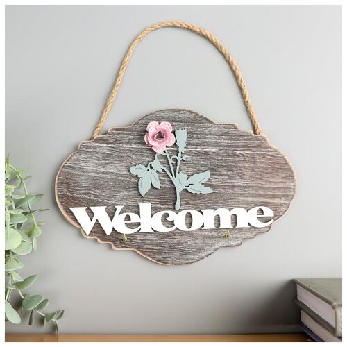 фото Крючки декоративные дерево "розовая роза - welcome" 15х22,5х2,5 см 5180262 сима-ленд