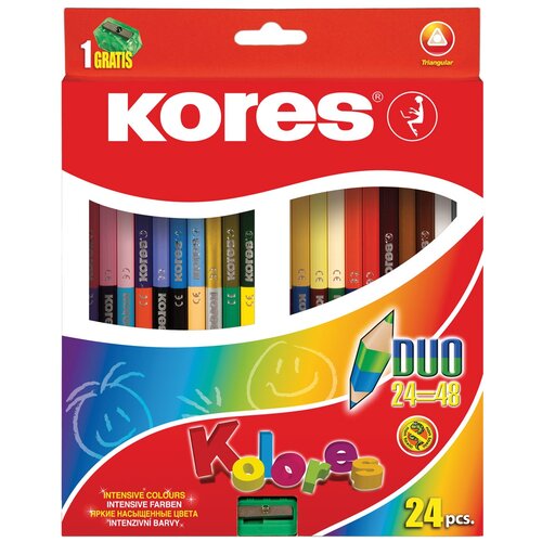 фото Карандаши цветные kores 48 цветов, 24 штуки, 3-гранные, двусторонние, с точилкой