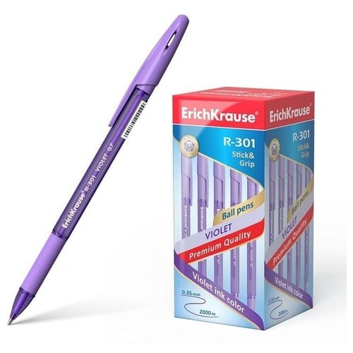 фото Ручка шариковая erich krause r-301 violet stick & grip, узел 0.7 мм, чернила фиолетовые, резиновый упор, длина линии письма 2000 метров, 50 шт. erichkrause
