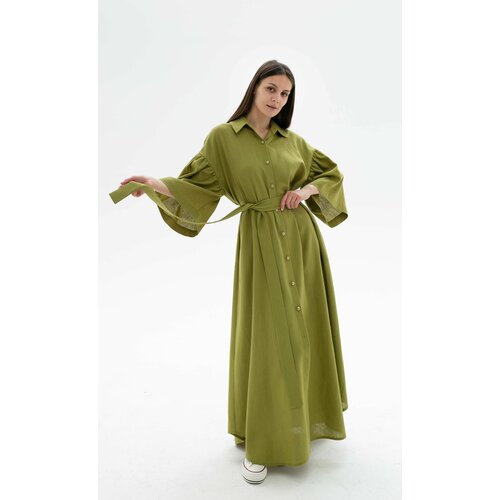 фото Платье-рубашка saniatti, лен, в классическом стиле, свободный силуэт, макси, размер s, зеленый