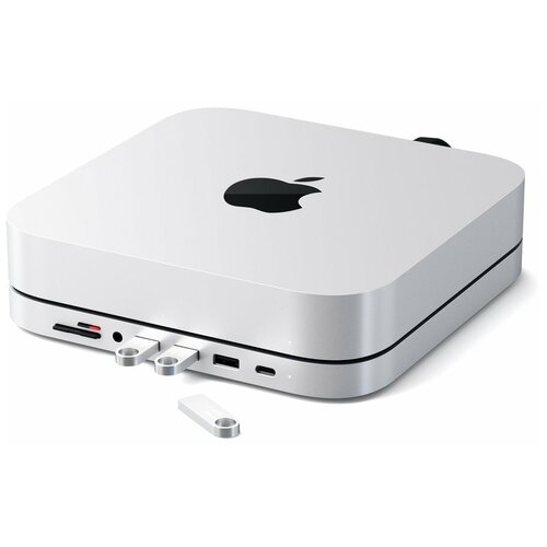 фото Usb док станция с подставкой satechi mac mini stand & hub для mac mini. порты: 1x usb-c, 3 x usb, 3,5mm aux, sd, microsd. цвет: серебристый.