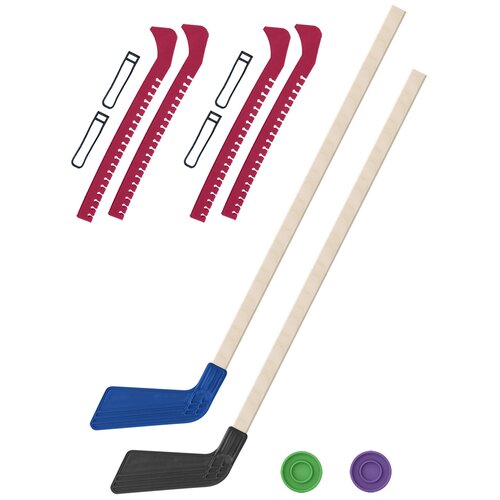 фото Набор зимний: 2 клюшки хоккейных синяя и чёрная 80 см.+2 шайбы + чехлы для коньков красные - 2 шт винтер