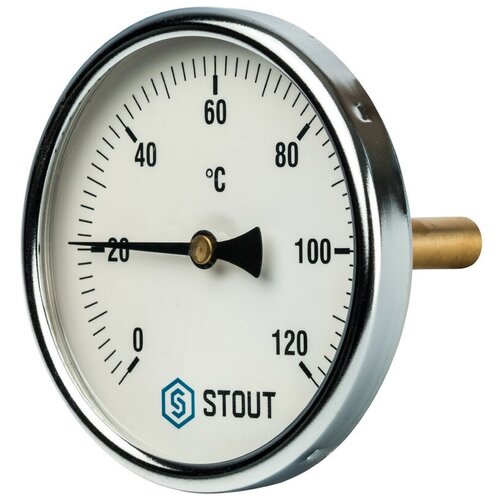 фото Stout термометр биметаллический аксиальный stout - 1/2" (d100мм, шкала 0-120°c, с погружной гильзой 75 мм)