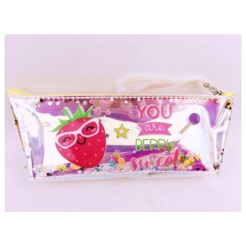 фото Пенал-косметичка "ягодки" размер 195*55*40, пвх с блестками, индивидуальная упаковка с евро подвесом интэк
