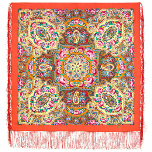 фото Платок павловопосадская платочная мануфактура,89х89 см, оранжевый, розовый