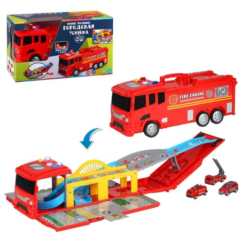 фото Игровой набор детский трек "пожарная машина на батарейках, с 3 машинками, аксессуарами, свет, звук, в/к, 37,5*7*28.см компания друзей