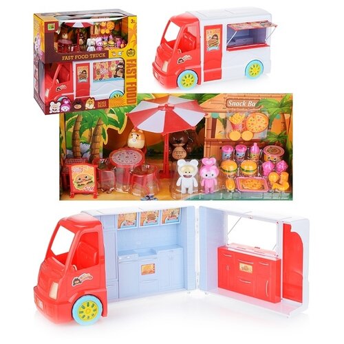 фото Игровой набор oubaoloon "автомобиль для пикника", 4 фигурки, мебель, с аксессуарами, свет, звук, в коробке (6602-2)