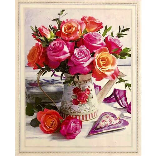 фото Алмазная мозаика на подрамнике "розы в кувшине" полная выкладка, 40х50 см без бренда