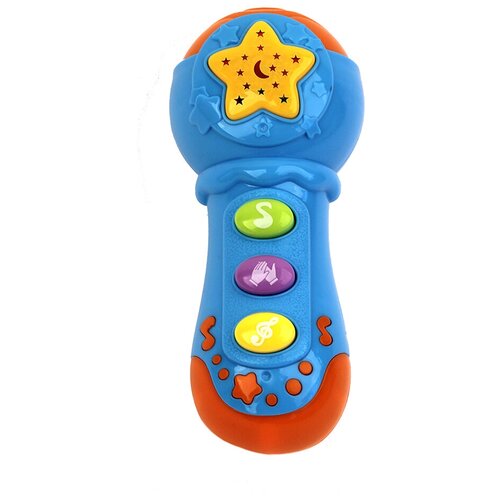 фото Разивающая игрушка для малышей, музыкальная микрофон "потеша" на батарейках, проектор, мелодии, свет, звук, цвет синий. zhorya