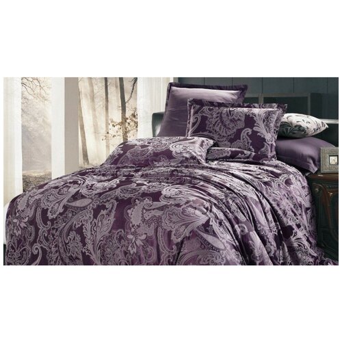 фото 1.5 спальное постельное белье жаккард фиолетовое с орнаментом вальтери