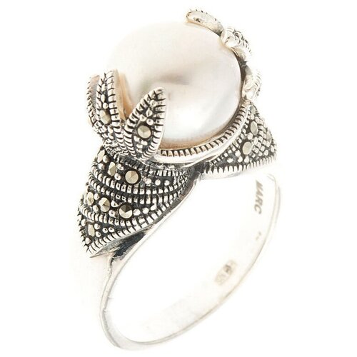 фото Марказит кольцо с жемчугом и марказитами из серебра hr878, размер 17.5