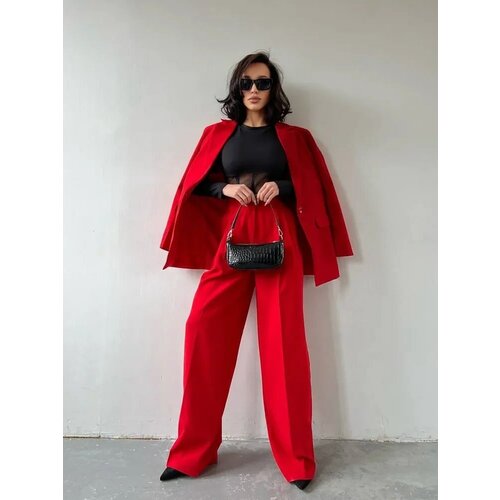 фото Костюм, жакет и брюки, классический стиль, прямой силуэт, пояс на резинке, размер 48, красный matreshka