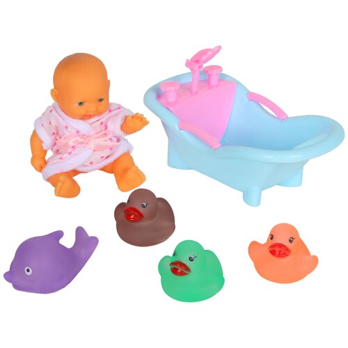 фото Пупс для девочек игрушечный, с игровым набором для купания, кукла для девочек, (пупс, утки, дельфин, ванна голубая), в/п 24*19*8см компания друзей