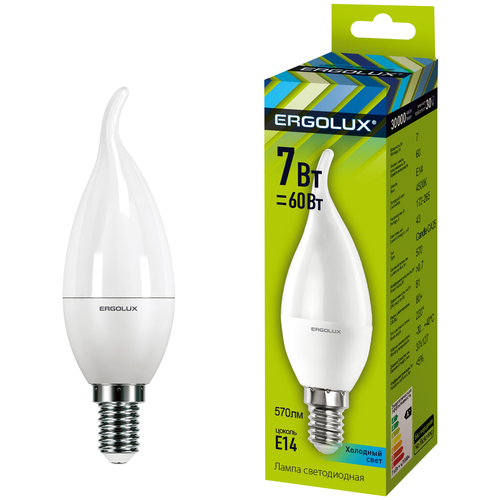 фото Led лампа свеча на ветру 7вт е14 4500k (холодный белый свет) размер ф37х124мм (упаковка 7шт - цена за упаковку) - led-ca35-7w-e14-4k (ergolux) (код заказа 12875 о)