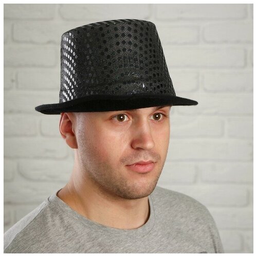 фото Карнавальная шляпа "цилиндр" с блеском, цвет черный 326237 сима-ленд