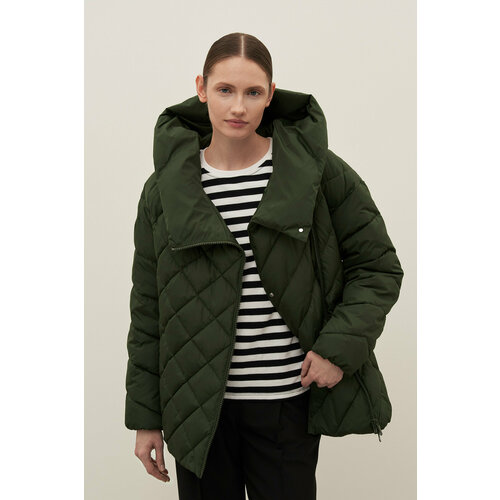 фото  куртка finn flare демисезонная, средней длины, силуэт свободный, водонепроницаемая, стеганая, несъемный капюшон, карманы, размер s, зеленый