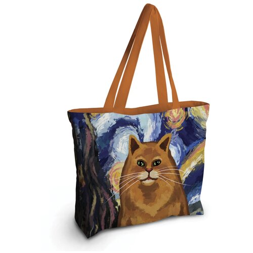 фото Текстильная женская сумка joyarty "звездная ночь и котик" на молнии для пляжа и фитнеса