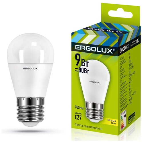 фото Светодиодная лампа шарик 9вт е27 3000к(теплый белый свет) - led-g45-9w-e27-3k (ergolux) (код заказа 13176 )