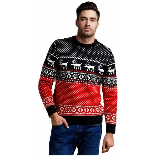 фото Шерстяной свитер, классический скандинавский орнамент с оленями и снежинками, натуральная шерсть, красный, черный, молочный цвет, размер l anymalls