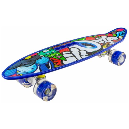 фото Скейтборд с ручкой для детей и подростков / пенни борд / скейт со светящими колесами 58х16 см / синий глаз kitykaty